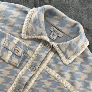 Rachel Zoe Light Blue Houndstooth Knit Shacket Cardigan Jacket Trim XS